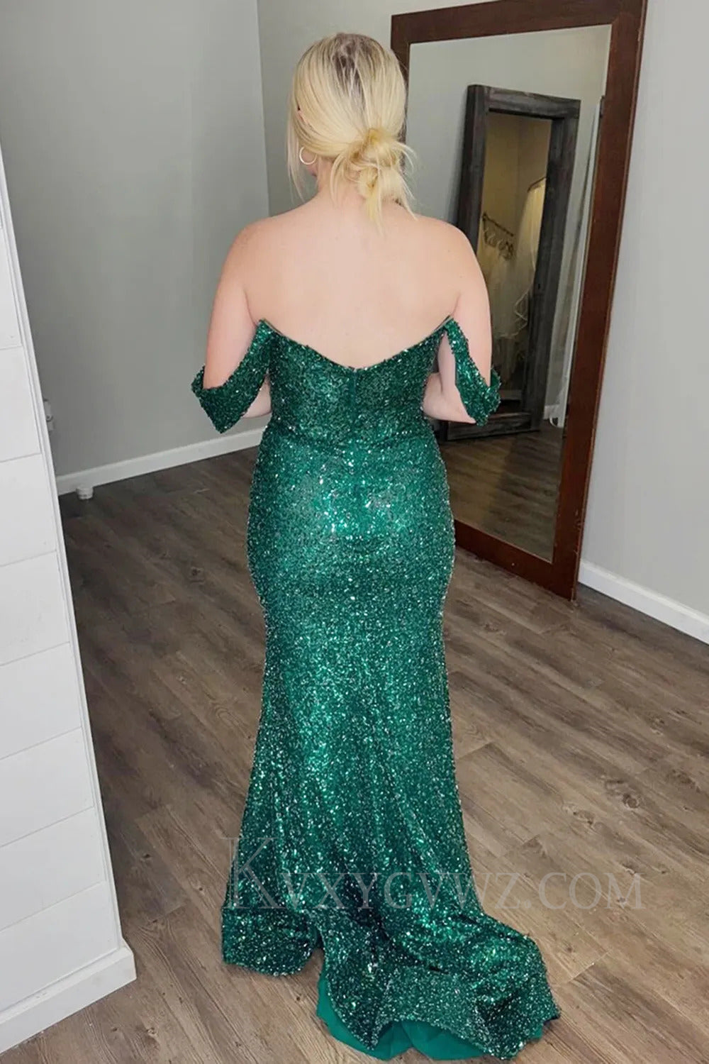 Mermaid Sparkly Dark Green Off The Shoulder Long Prom Dress with Slit LF247