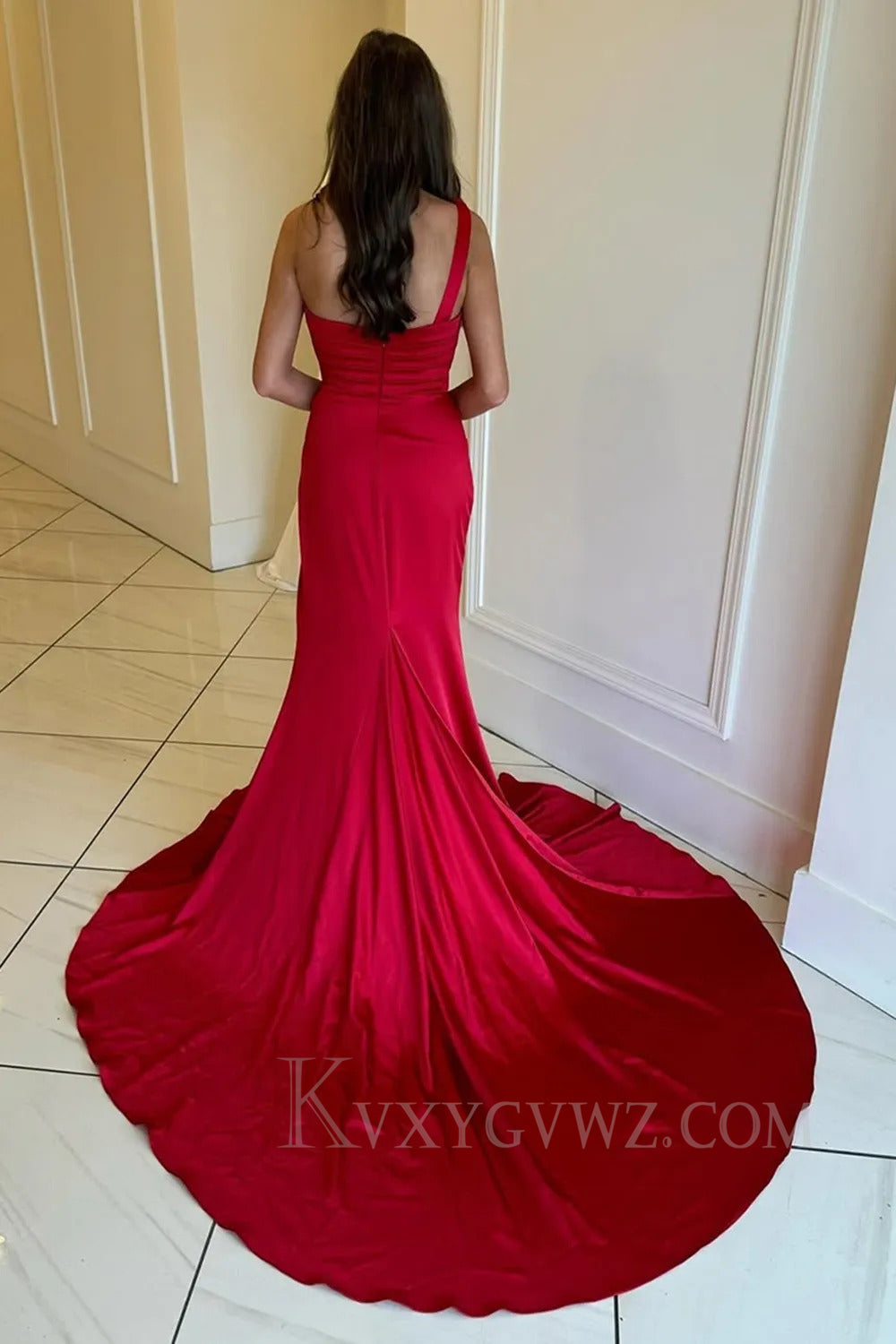 Red Ruched Mermaid One Shoulder Long Prom Dress with Slit LF248
