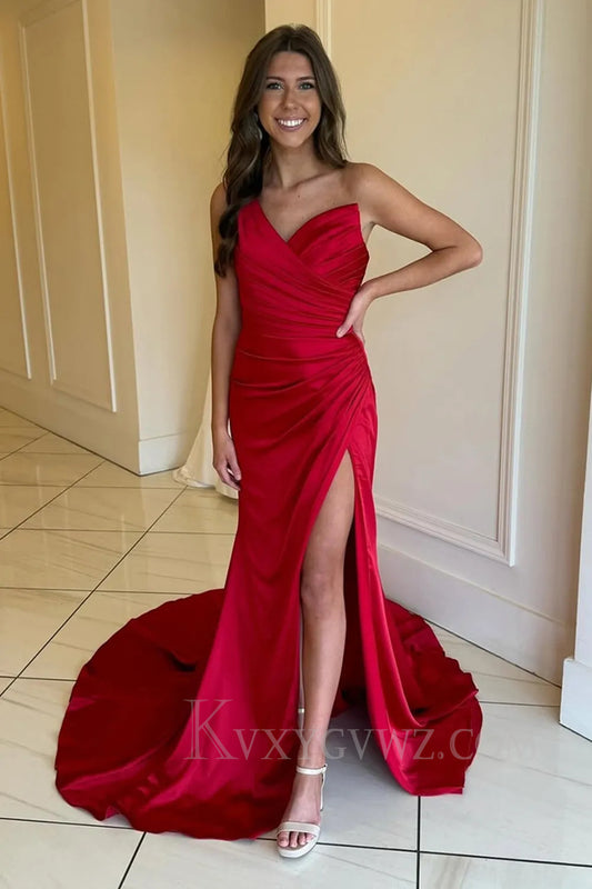 Red Ruched Mermaid One Shoulder Long Prom Dress with Slit LF248