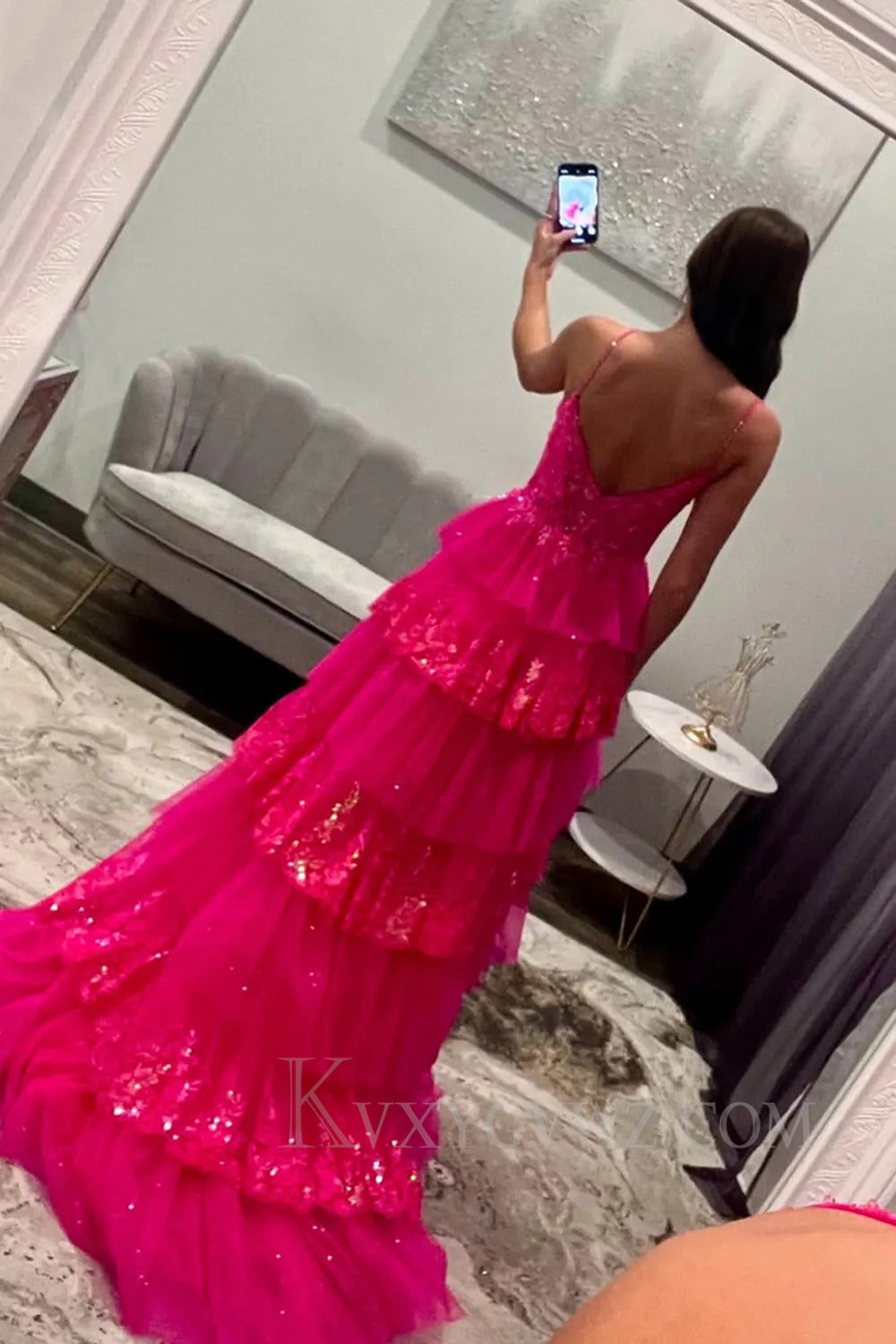 Sparkly Ruffled Spaghetti Straps Fuchsia Prom Dress with Appliques LF250