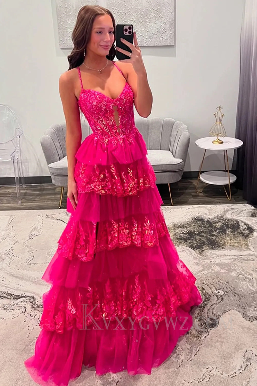 Sparkly Ruffled Spaghetti Straps Fuchsia Prom Dress with Appliques LF250