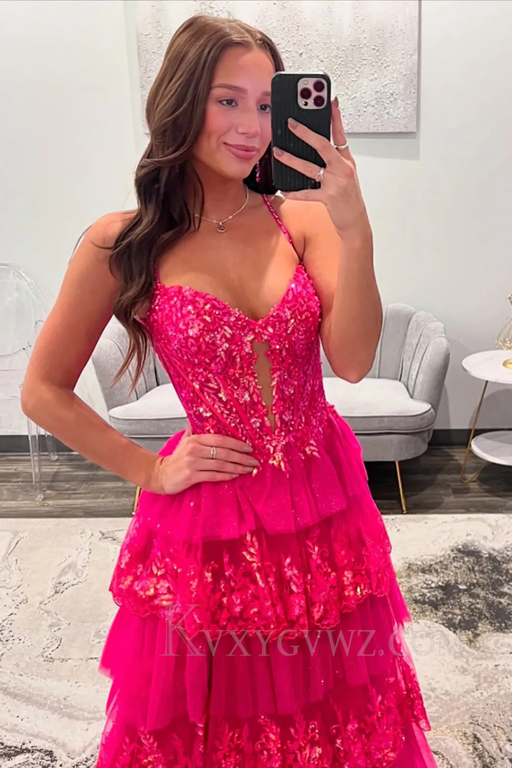 Sparkly Ruffled Spaghetti Straps Fuchsia Prom Dress with Appliques LF250