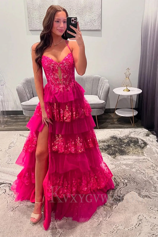 Sparkly Ruffled Spaghetti Straps Fuchsia Prom Dress with Appliques LF250