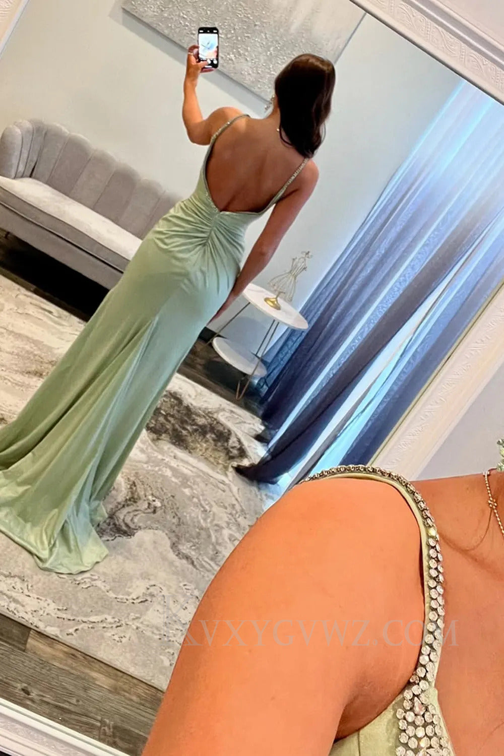 Sparkly Light Green Beaded Spaghetti Straps Prom Dress with Slit LF251