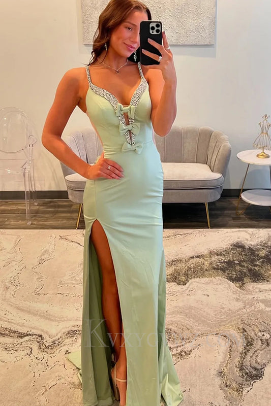 Sparkly Light Green Beaded Spaghetti Straps Prom Dress with Slit LF251