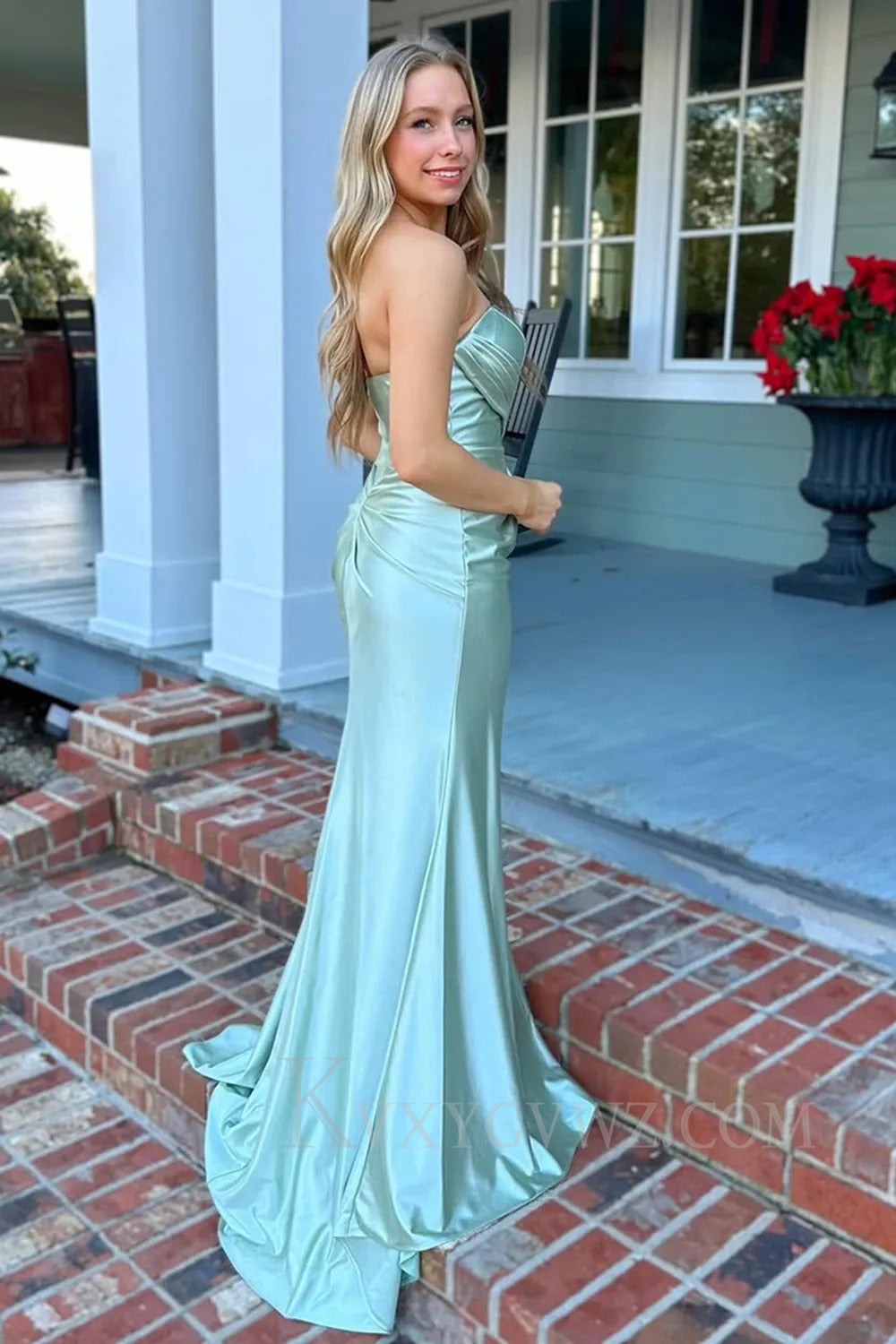 Green Mermaid Sweep Train Ruched Satin Prom Dress with Slit LF253