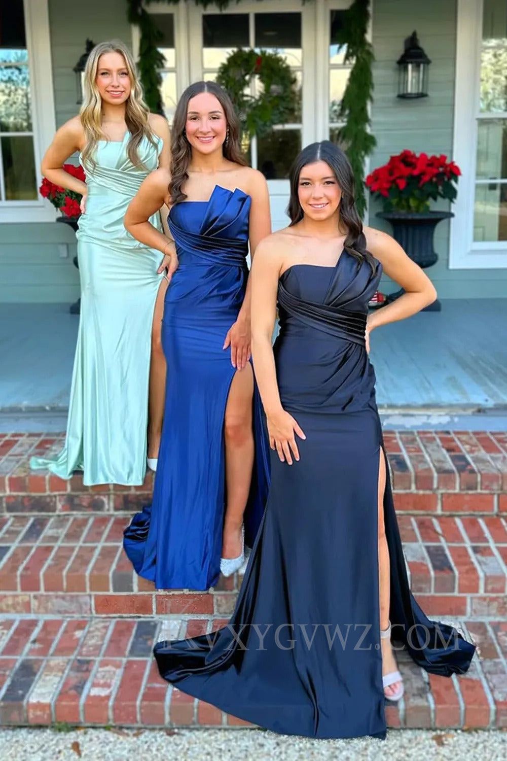 Green Mermaid Sweep Train Ruched Satin Prom Dress with Slit LF253