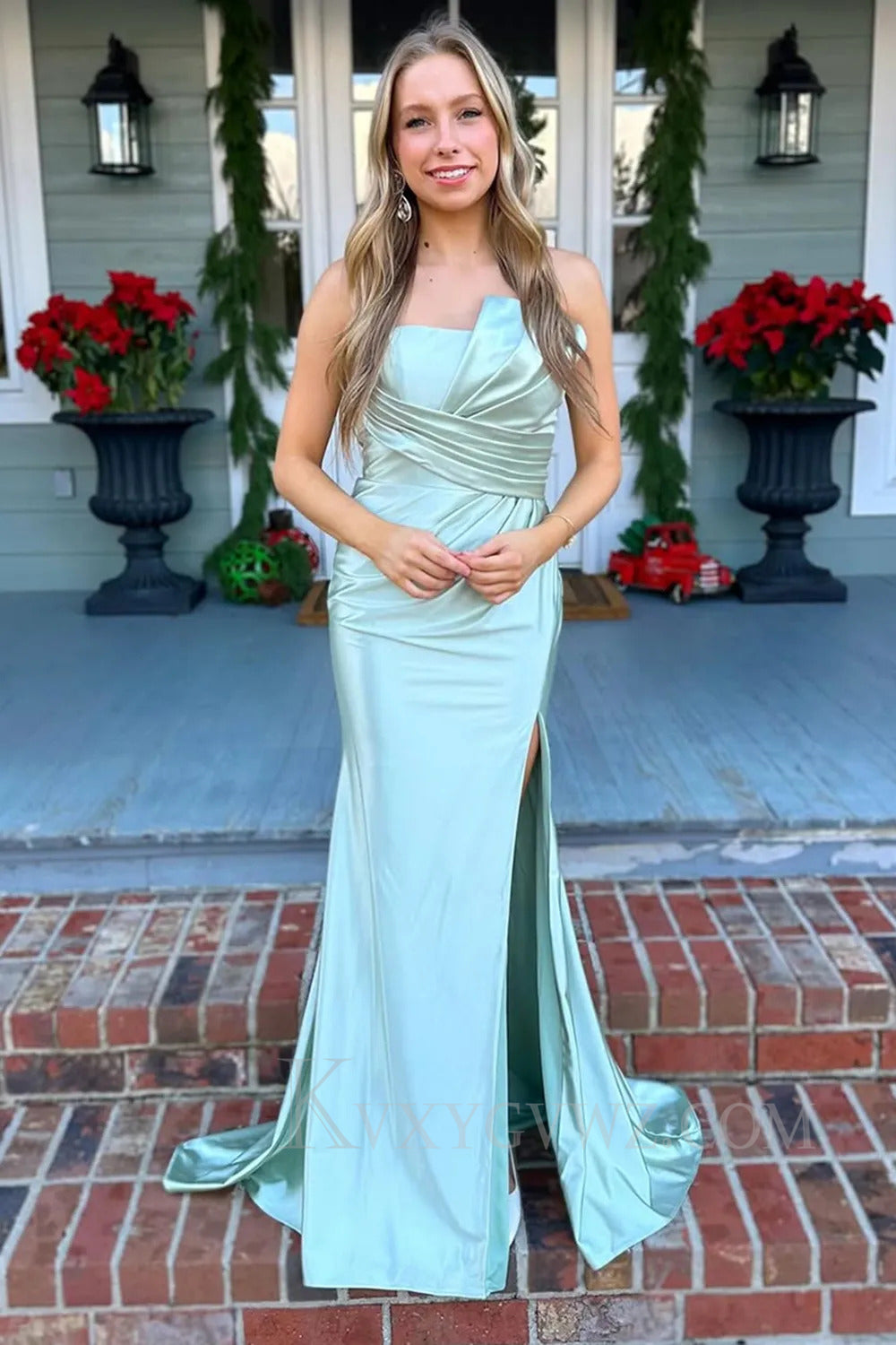 Green Mermaid Sweep Train Ruched Satin Prom Dress with Slit LF253