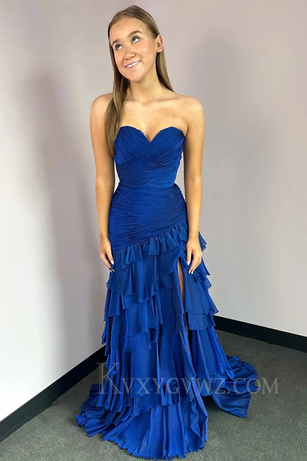 Peacock Blue Ruffled Sweetheart Prom Dress with Slit LF254