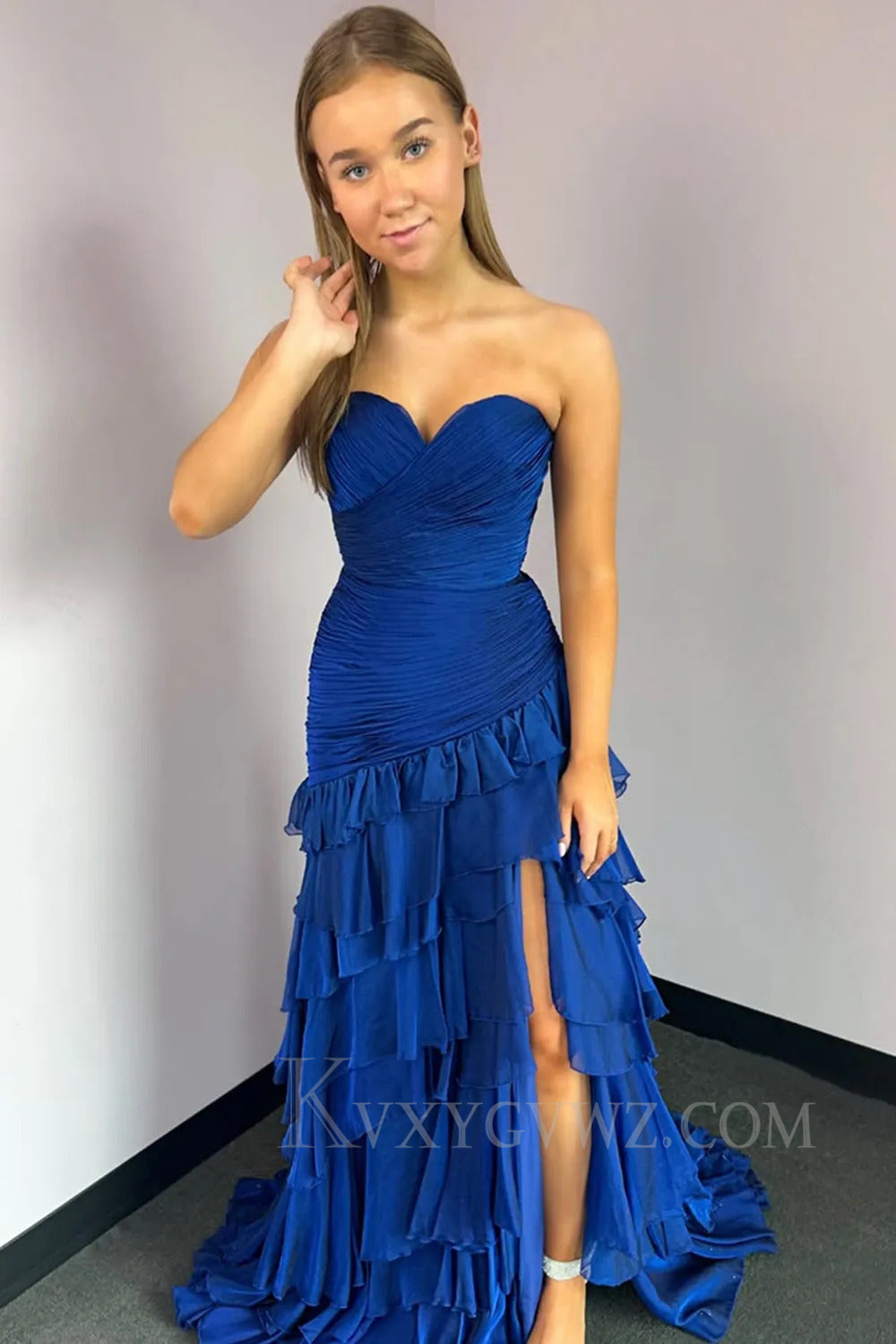 Peacock Blue Ruffled Sweetheart Prom Dress with Slit LF254