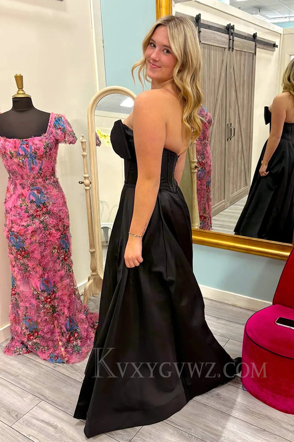Black A Line Bow Sweetheart Prom Dress with Slit LF255