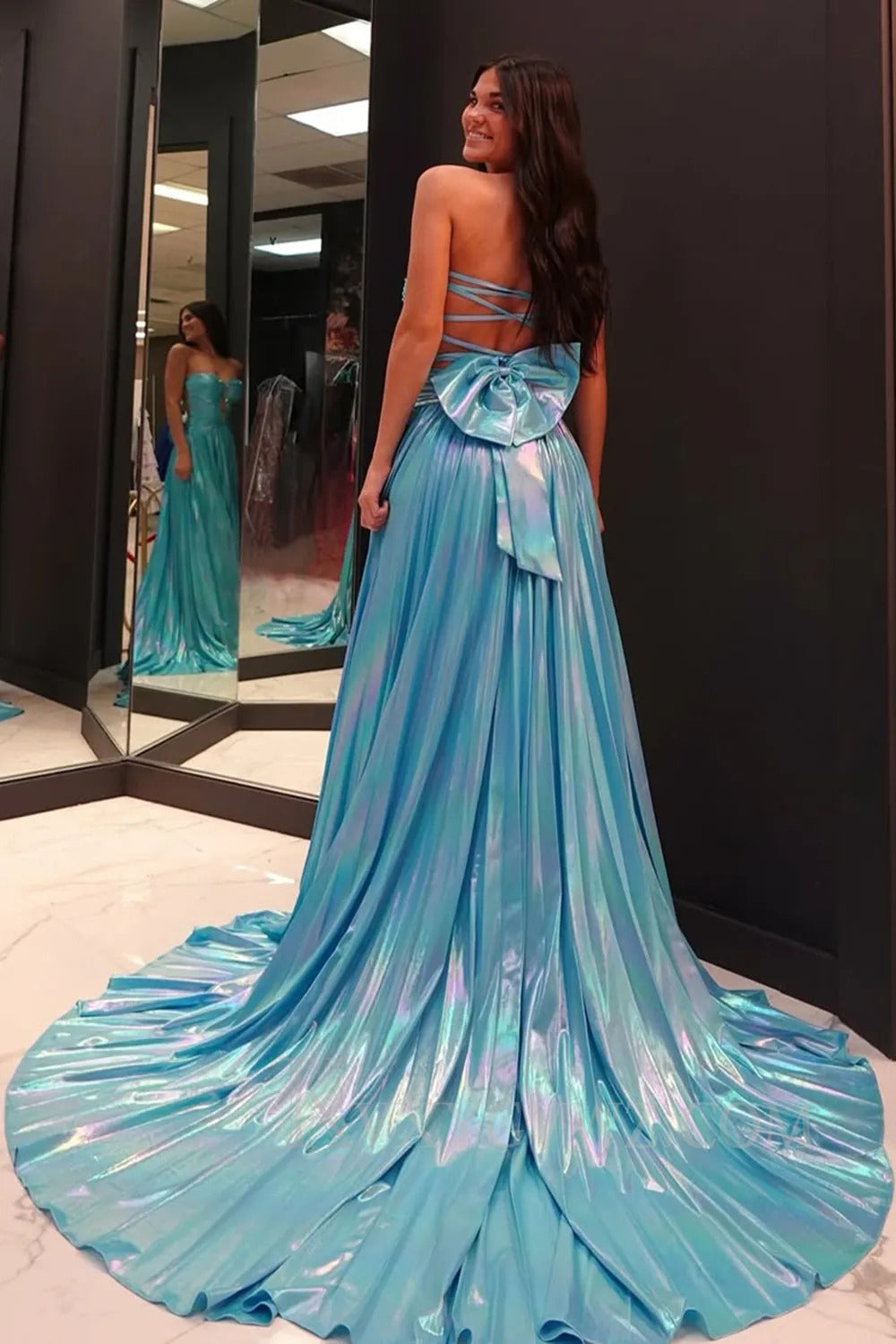 Sparkly A Line Blue Metallic Prom Dress with Slit LF256