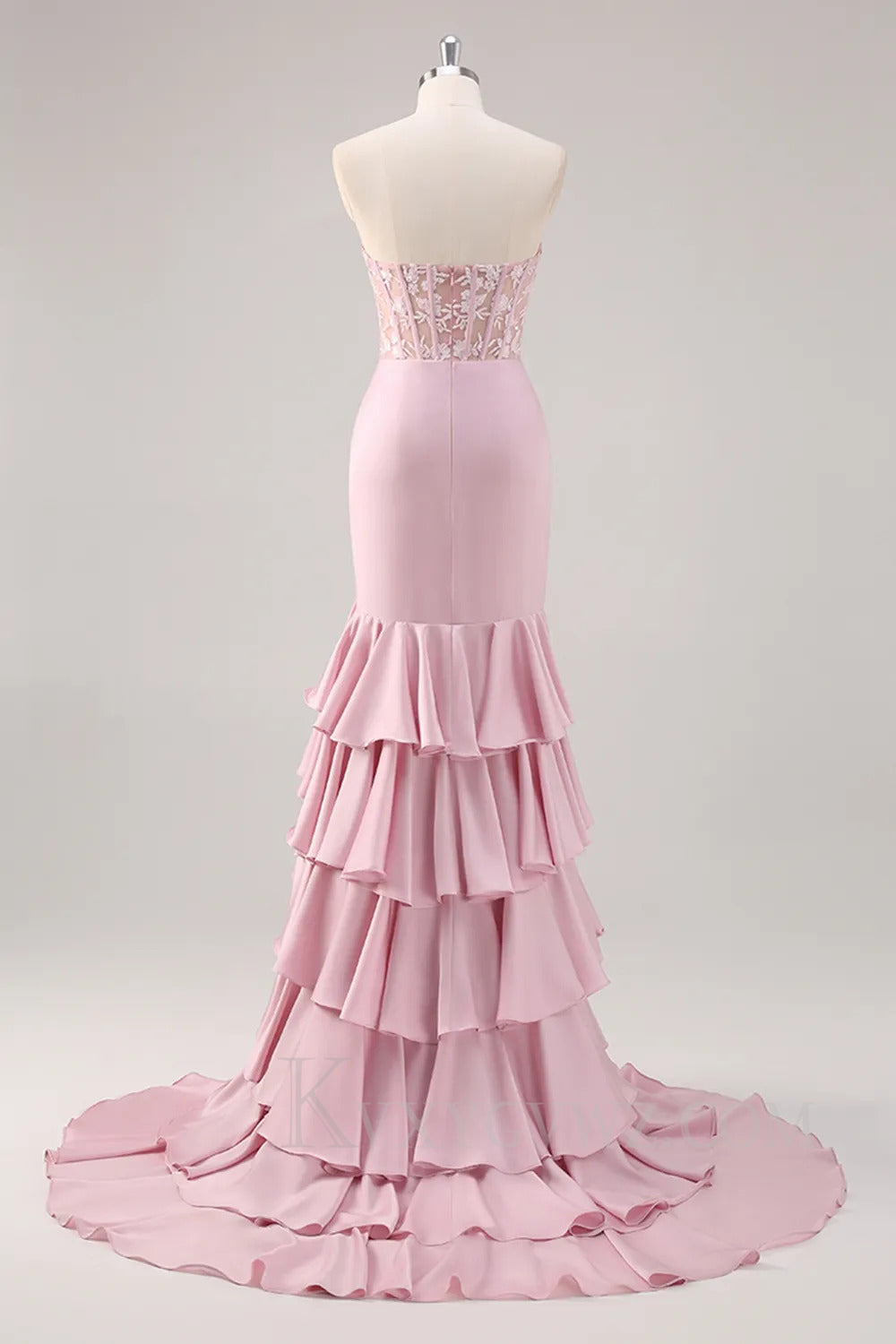Ruffled Blush Mermaid Sweep Train Corset Satin Prom Dress with Slit LF258