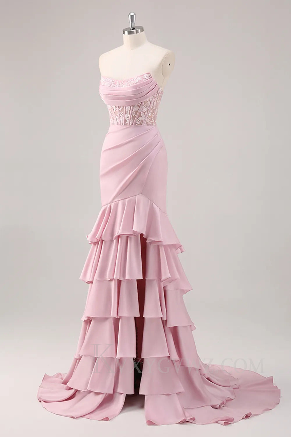 Ruffled Blush Mermaid Sweep Train Corset Satin Prom Dress with Slit LF258