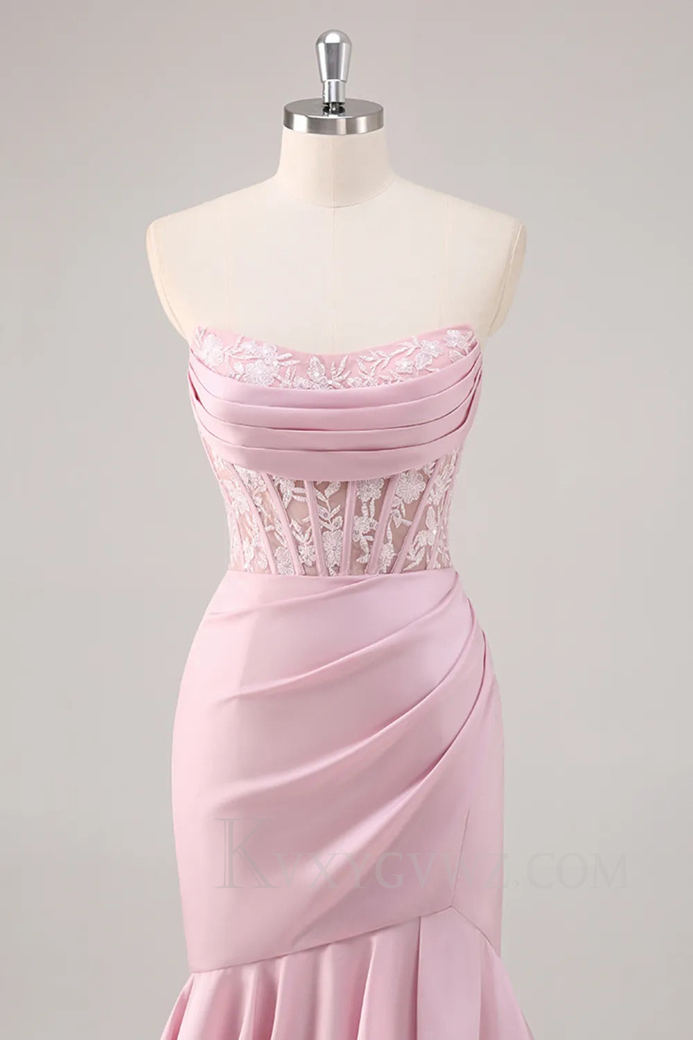 Ruffled Blush Mermaid Sweep Train Corset Satin Prom Dress with Slit LF258