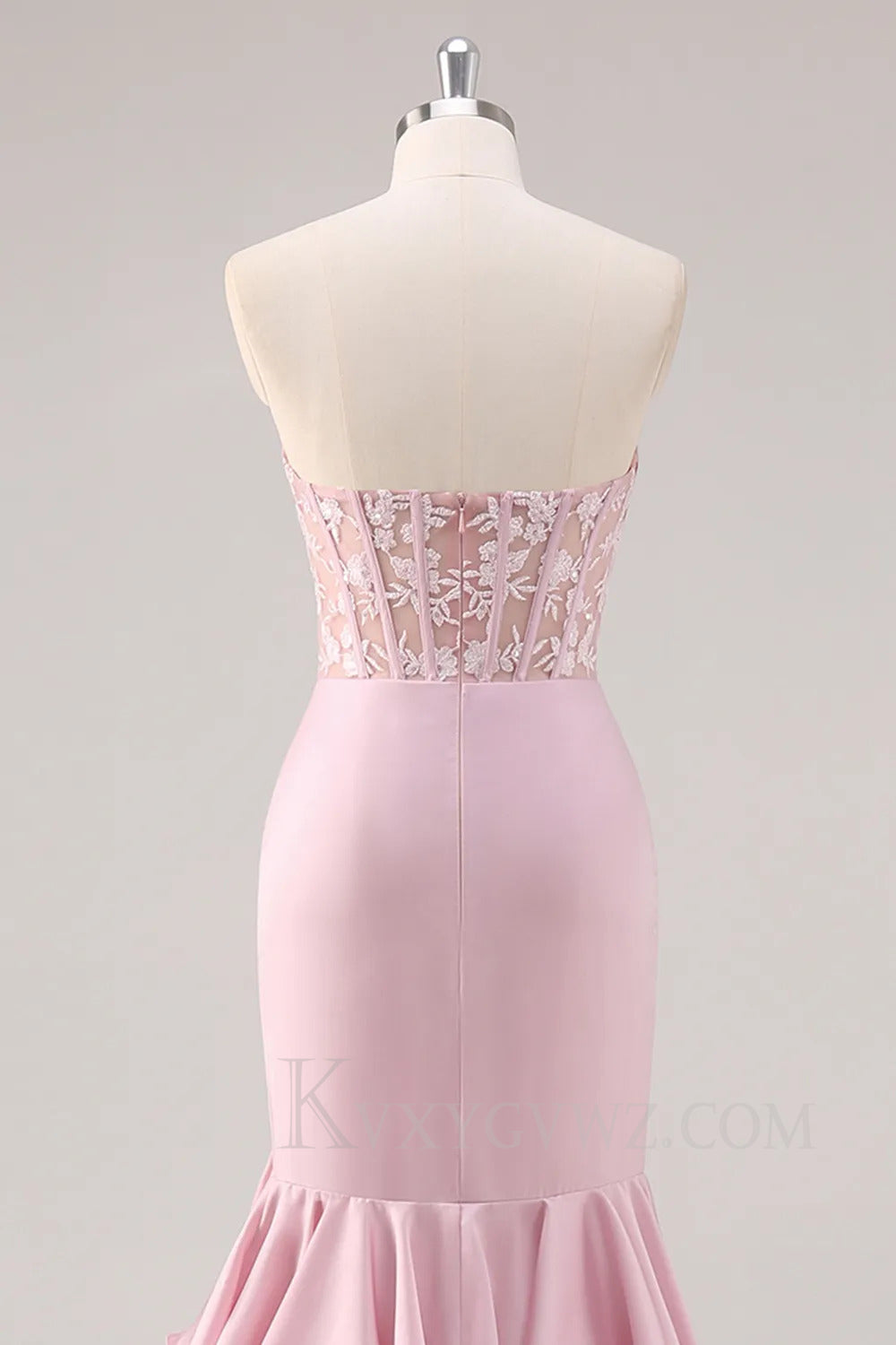 Ruffled Blush Mermaid Sweep Train Corset Satin Prom Dress with Slit LF258