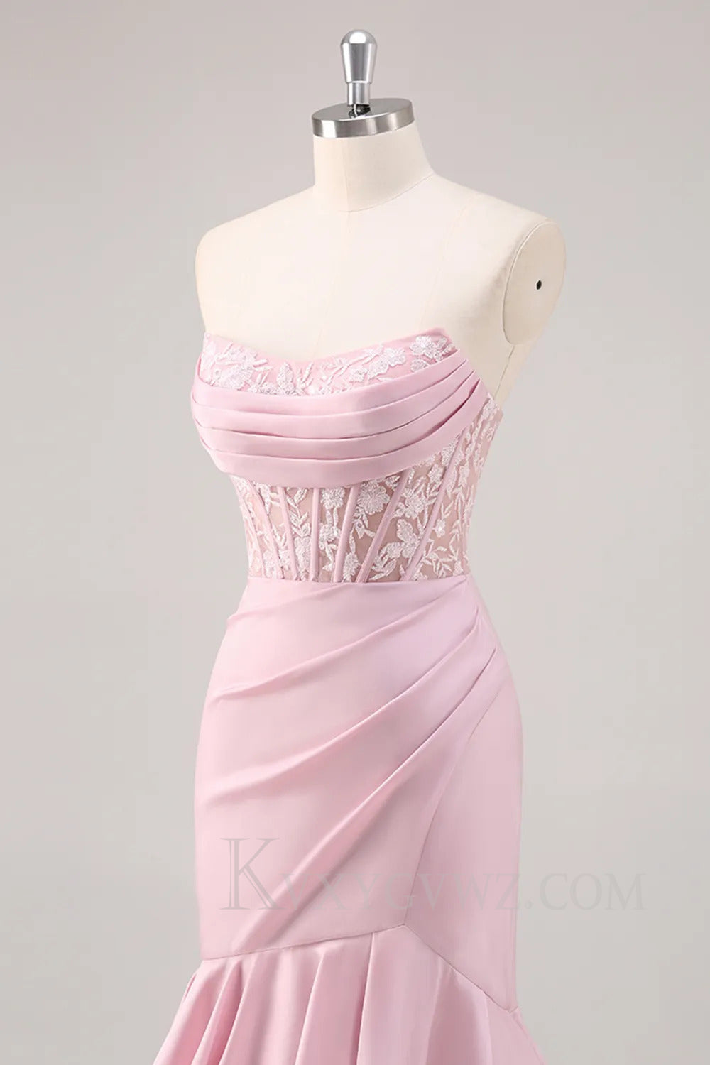 Ruffled Blush Mermaid Sweep Train Corset Satin Prom Dress with Slit LF258