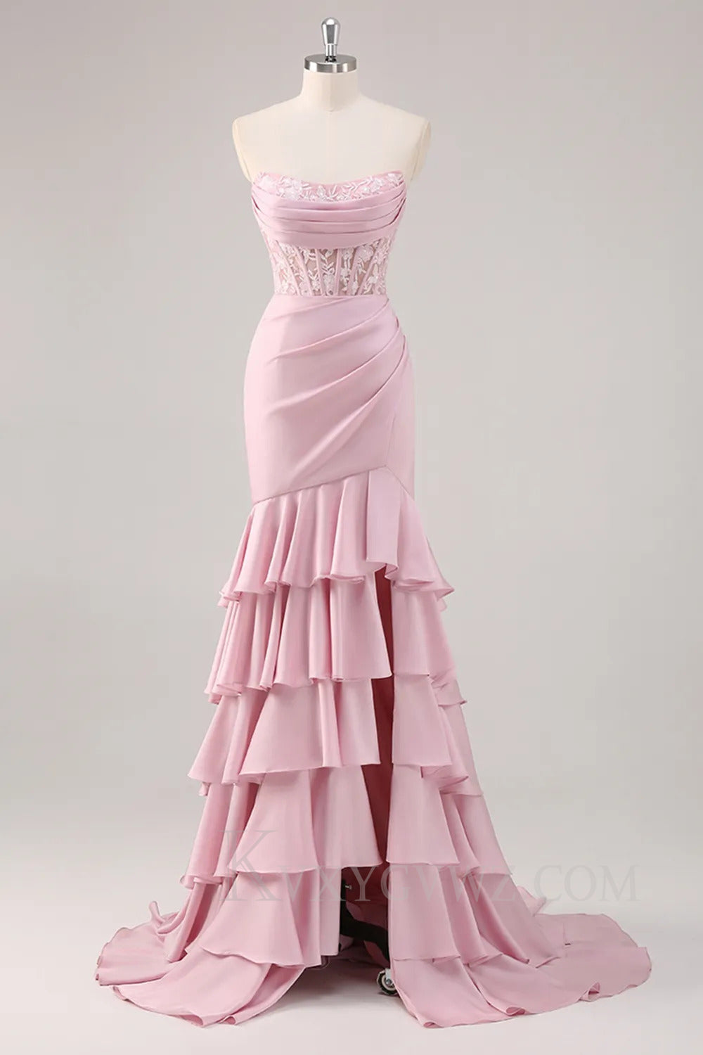 Ruffled Blush Mermaid Sweep Train Corset Satin Prom Dress with Slit LF258