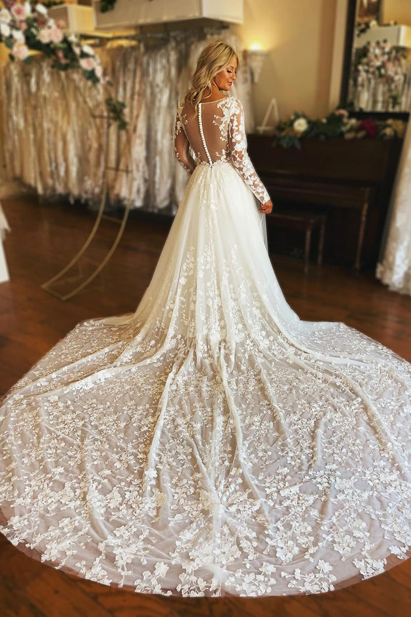Charming A-Line V Neck Long Sleeve Tulle Lace Wedding Dresses/Gowns HS23112506