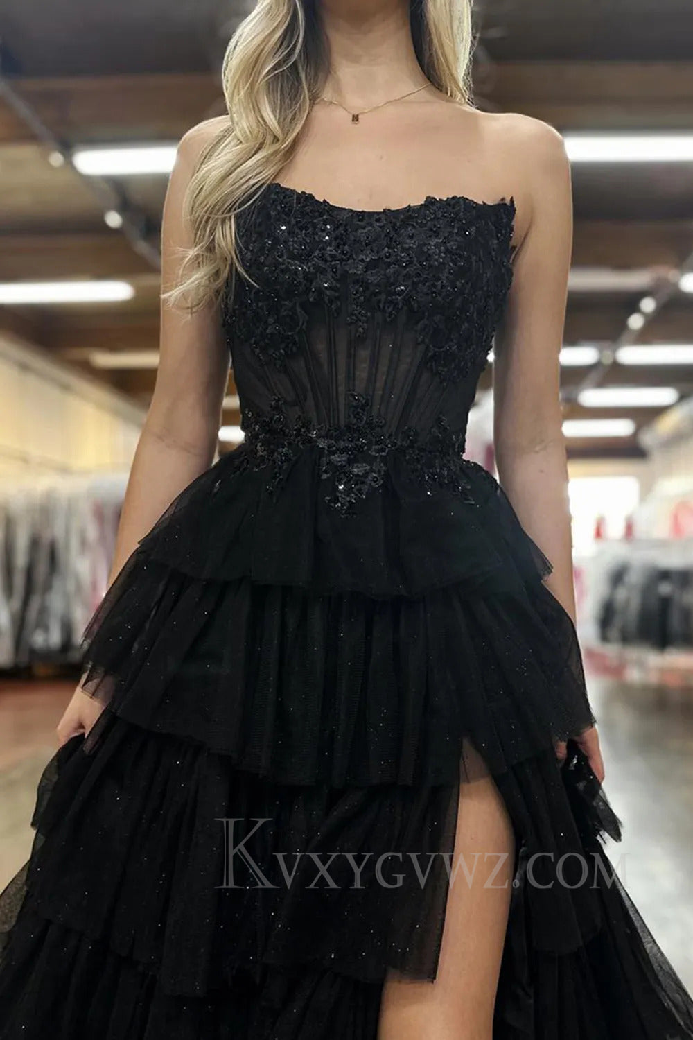 Black Ruffled Floor Length Tulle Prom Dress with Slit LF259