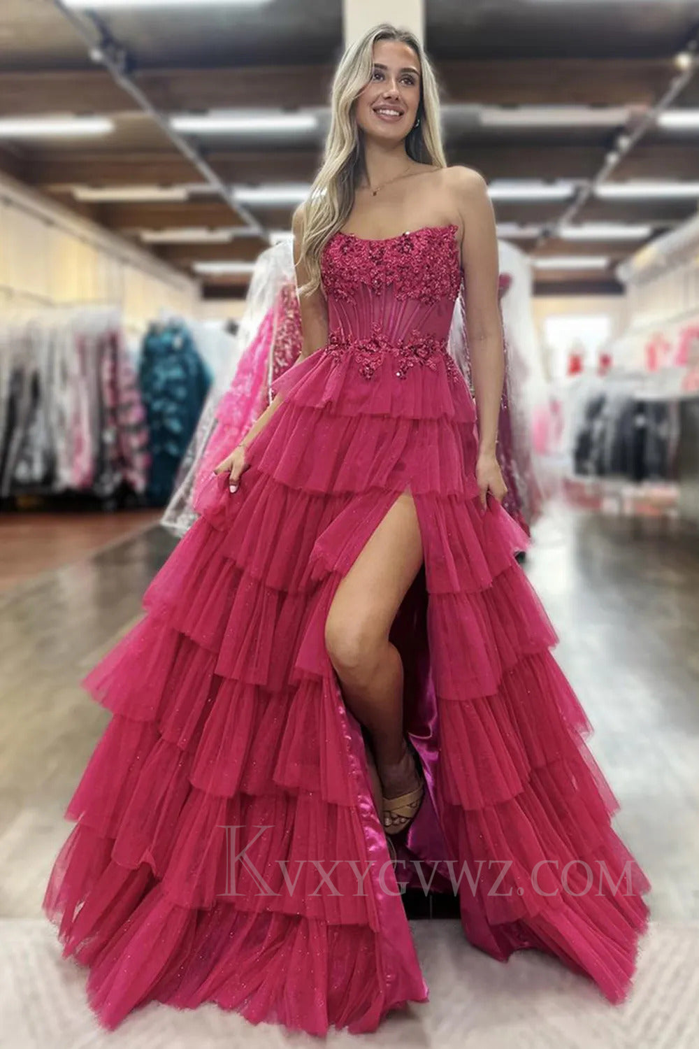 Black Ruffled Floor Length Tulle Prom Dress with Slit LF259