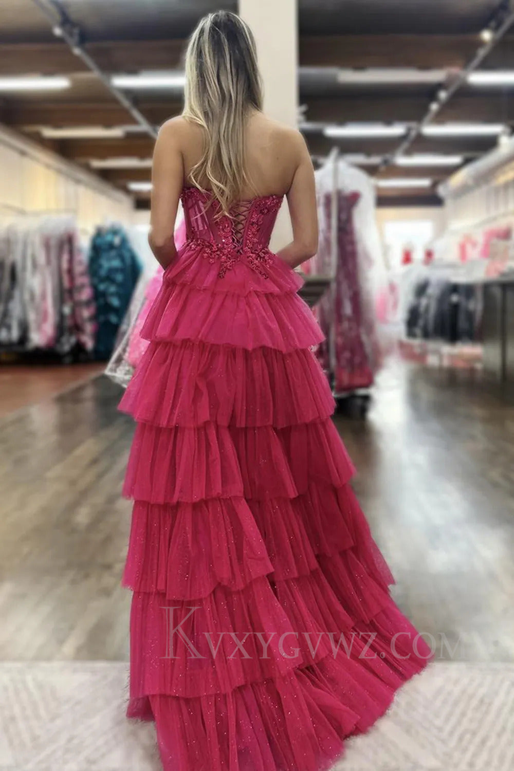 Black Ruffled Floor Length Tulle Prom Dress with Slit LF259