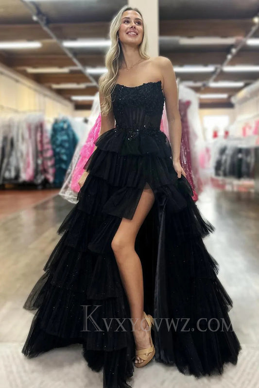 Black Ruffled Floor Length Tulle Prom Dress with Slit LF259