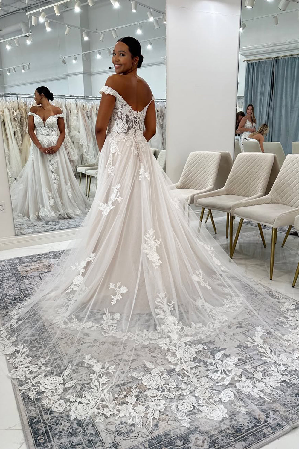 Boho A Line Off the Shoulder Tulle Wedding Dresses Gown with Appliques HS820
