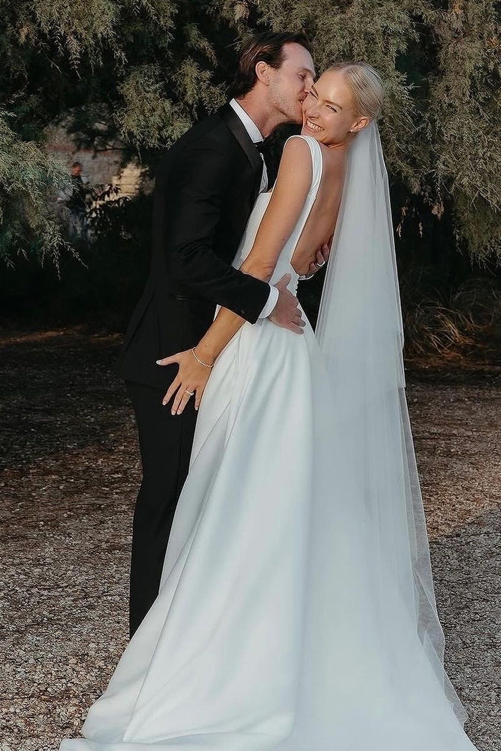Modern A Line Square Neck Satin Long Wedding Dresses Gown HS970