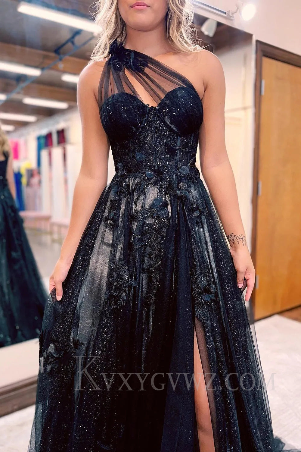 A Line One Shoulder Black Long Prom Dress with Appliques LF026