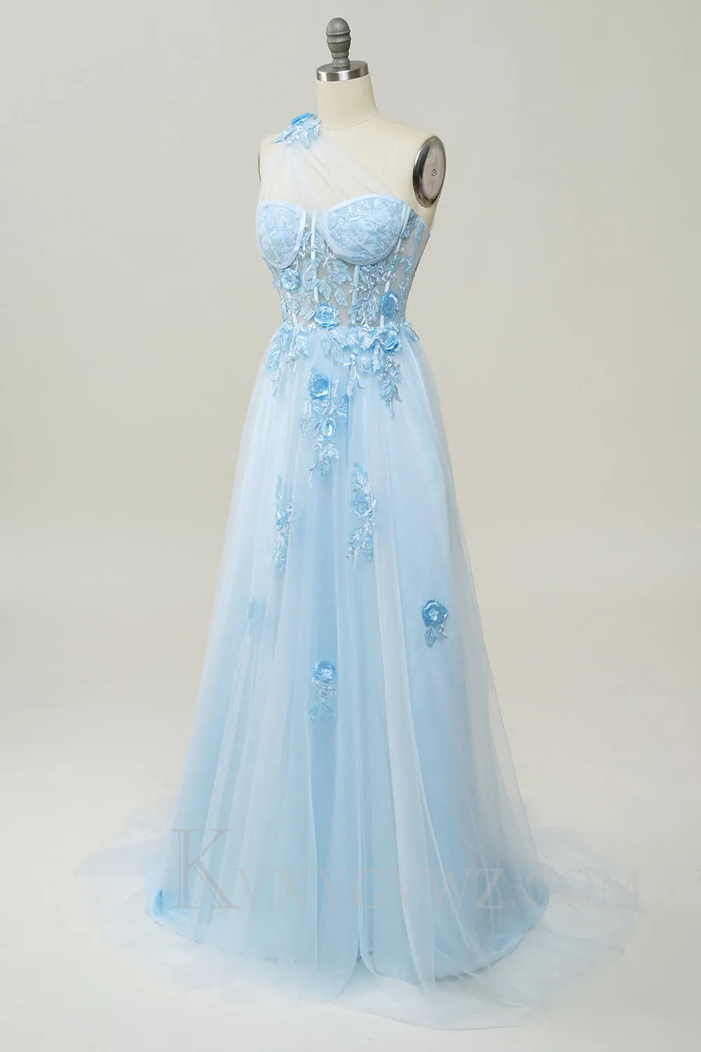 A Line One Shoulder Black Long Prom Dress with Appliques LF026