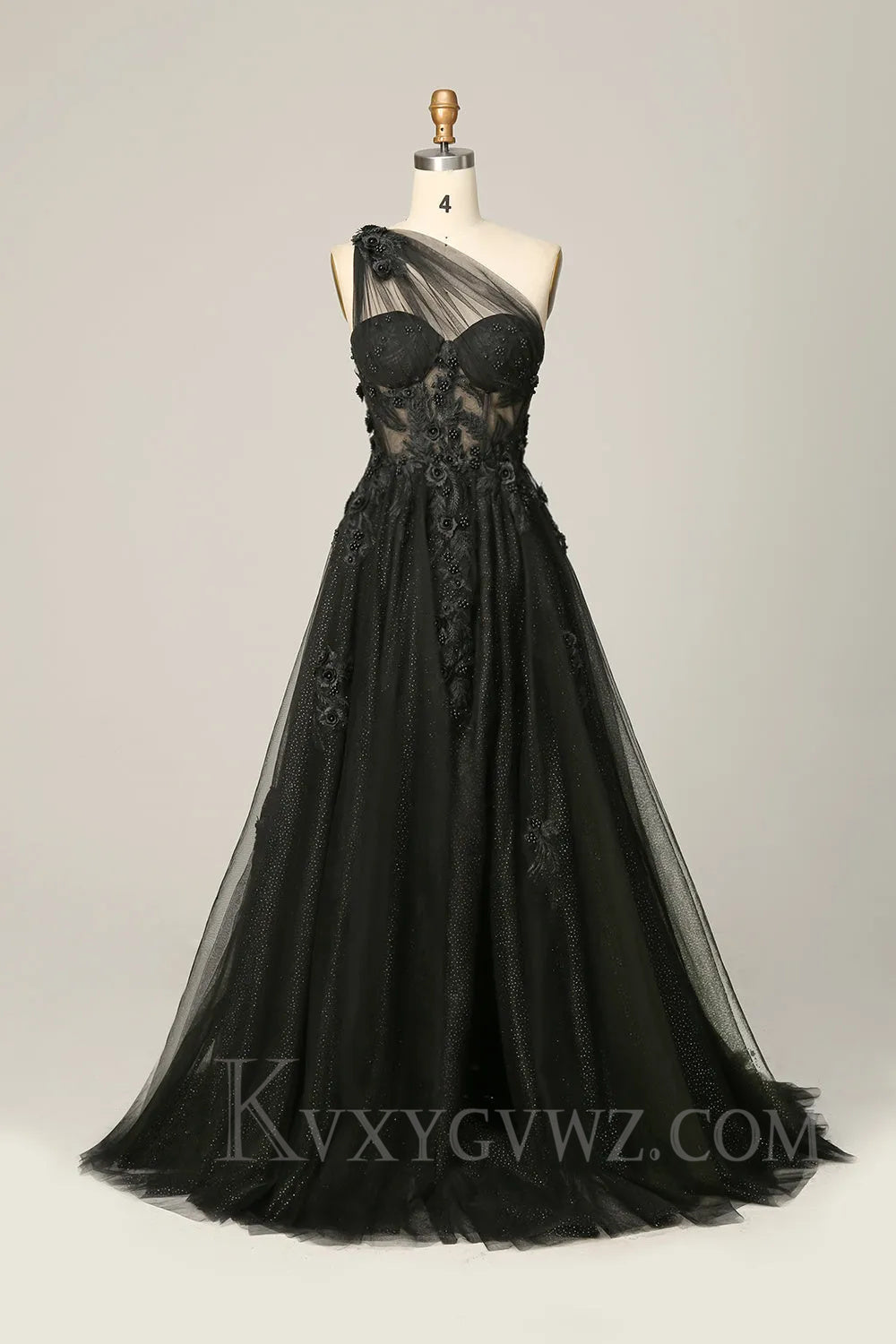 A Line One Shoulder Black Long Prom Dress with Appliques LF026