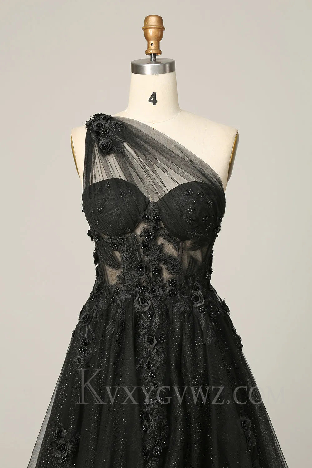 A Line One Shoulder Black Long Prom Dress with Appliques LF026
