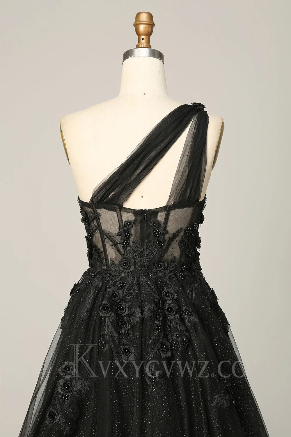 A Line One Shoulder Black Long Prom Dress with Appliques LF026