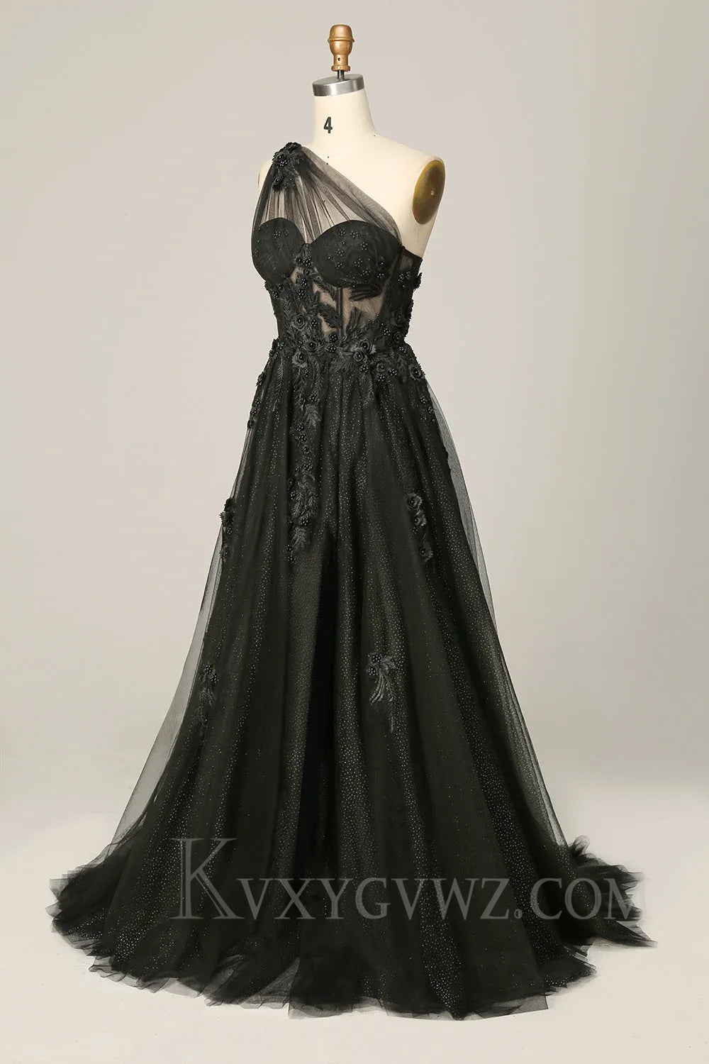 A Line One Shoulder Black Long Prom Dress with Appliques LF026