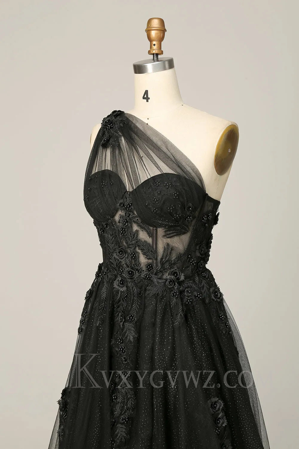 A Line One Shoulder Black Long Prom Dress with Appliques LF026