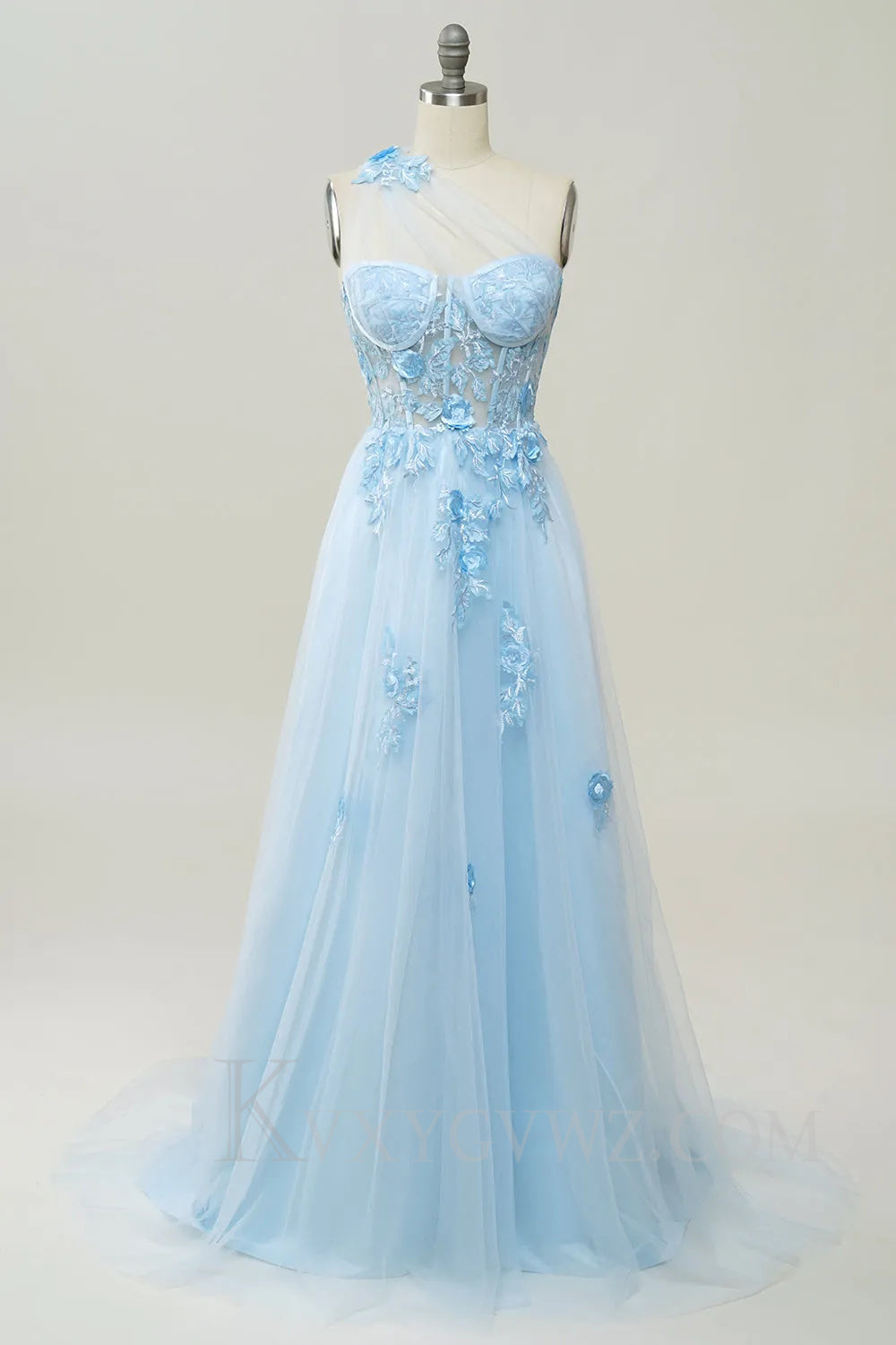A Line One Shoulder Black Long Prom Dress with Appliques LF026