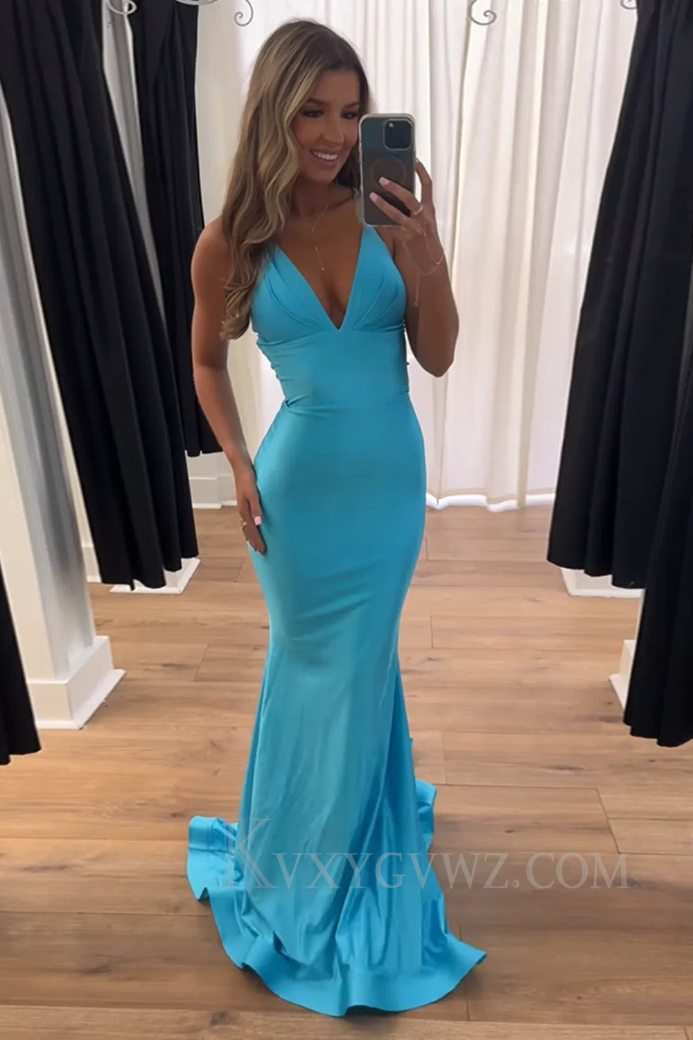 Light Blue Mermaid Deep V-Neck Backless Long Prom Dress LF260