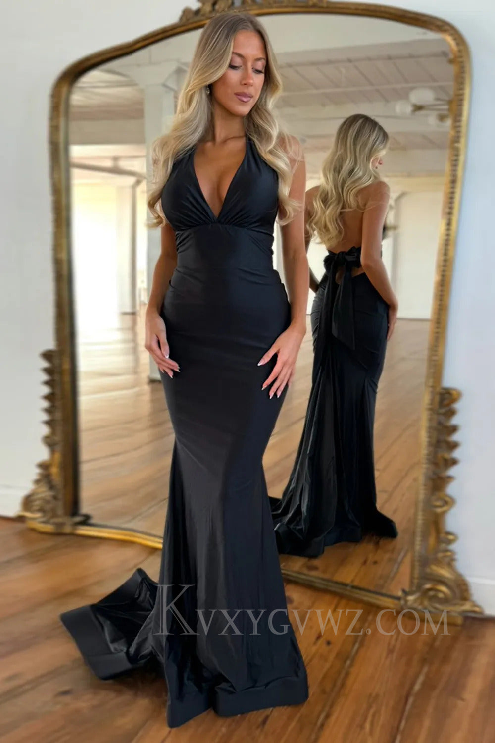 Light Blue Mermaid Deep V-Neck Backless Long Prom Dress LF260