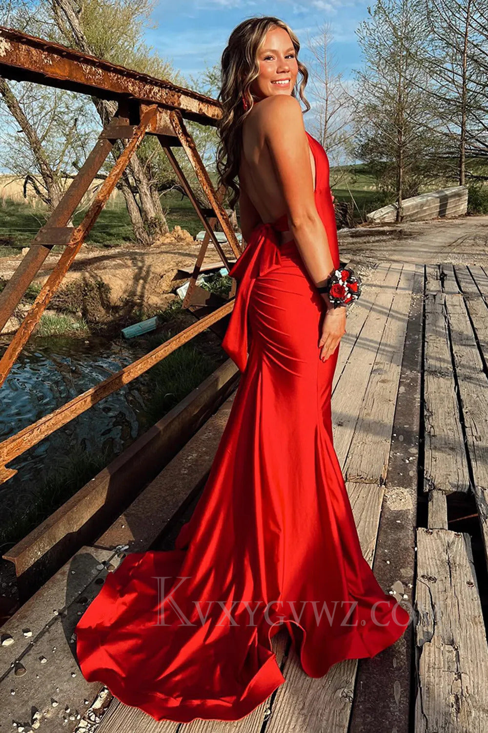 Light Blue Mermaid Deep V-Neck Backless Long Prom Dress LF260