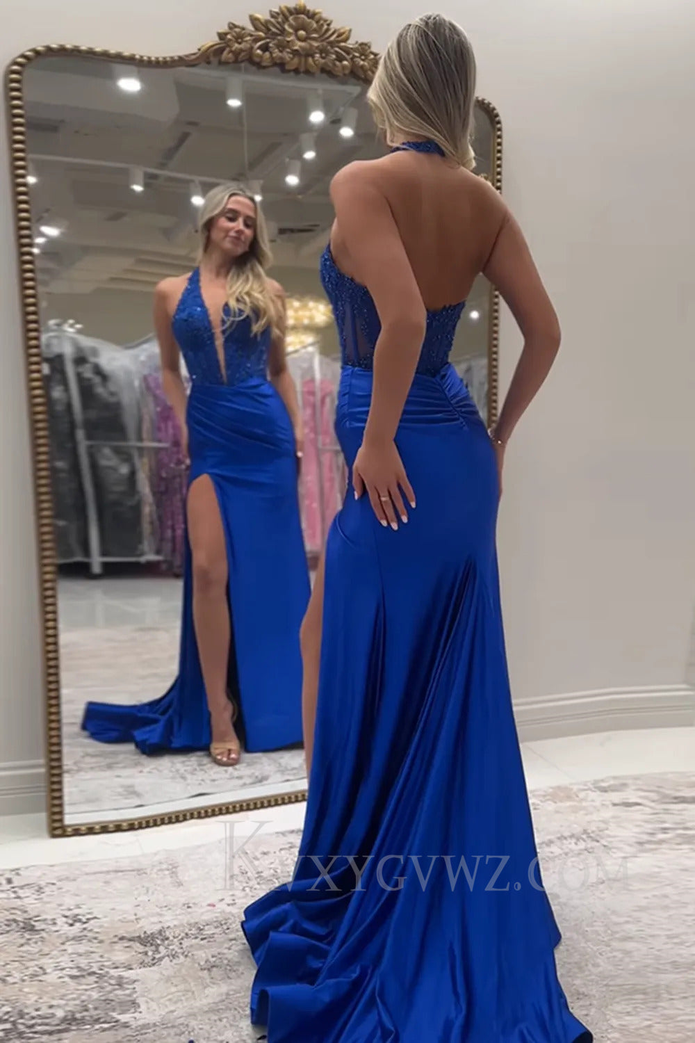 Black Halter Deep V-Neck Lace Corset Prom Dress with Slit LF261
