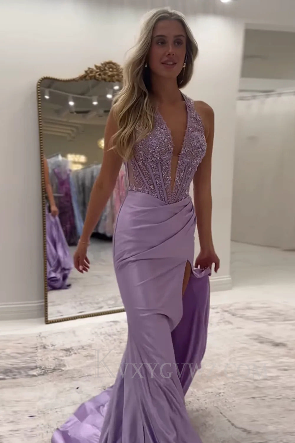 Black Halter Deep V-Neck Lace Corset Prom Dress with Slit LF261