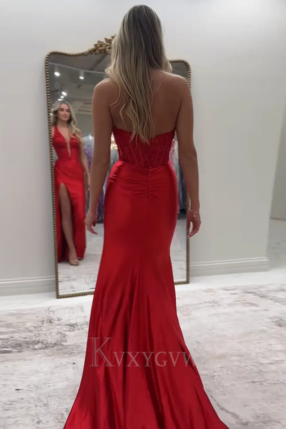 Black Halter Deep V-Neck Lace Corset Prom Dress with Slit LF261