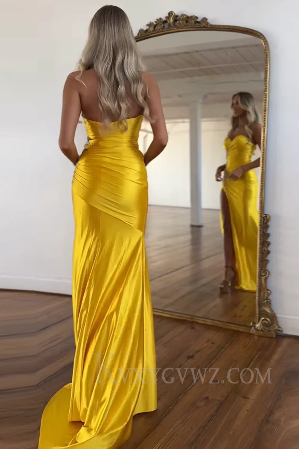 Sparkly Yellow Beaded Mermaid Sweetheart Long Prom Dress with Slit LF262