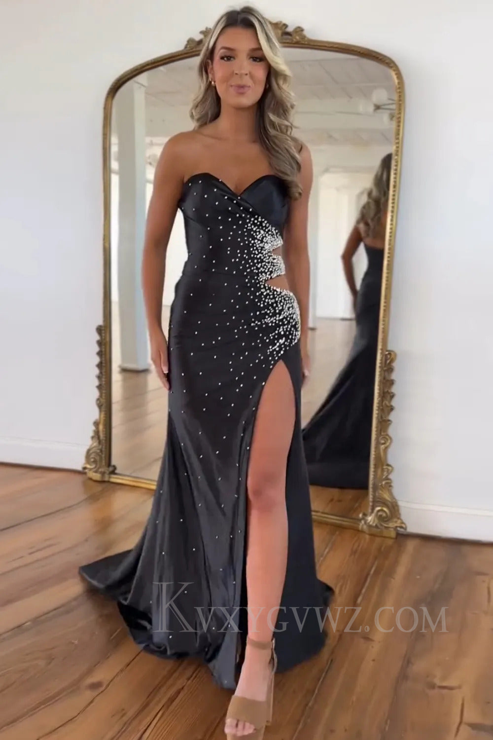 Sparkly Yellow Beaded Mermaid Sweetheart Long Prom Dress with Slit LF262