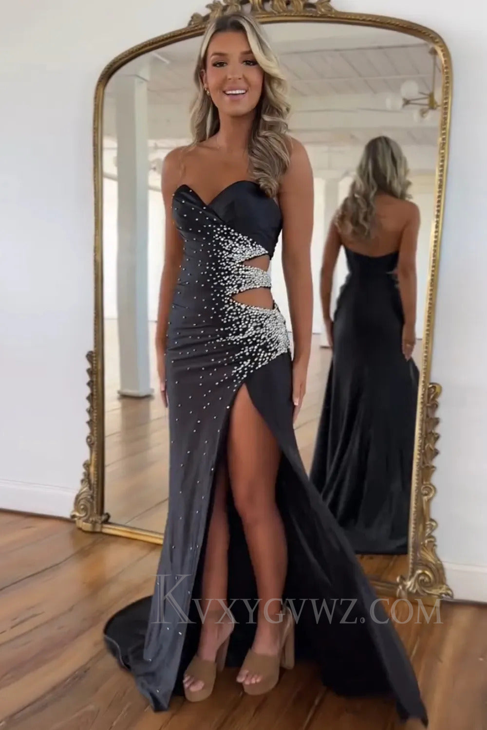 Sparkly Yellow Beaded Mermaid Sweetheart Long Prom Dress with Slit LF262