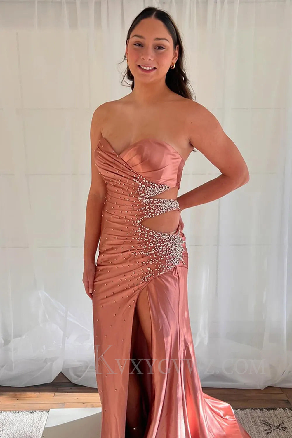 Sparkly Yellow Beaded Mermaid Sweetheart Long Prom Dress with Slit LF262