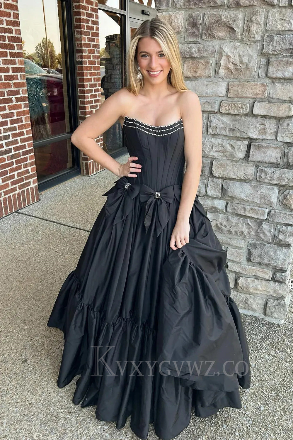 Sparkly A Line Pink Strapless Corset Long Pleated Prom Dress with Bow LF264