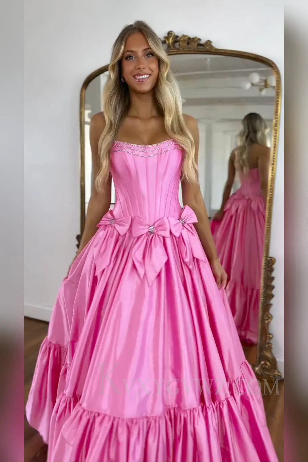 Sparkly A Line Pink Strapless Corset Long Pleated Prom Dress with Bow LF264