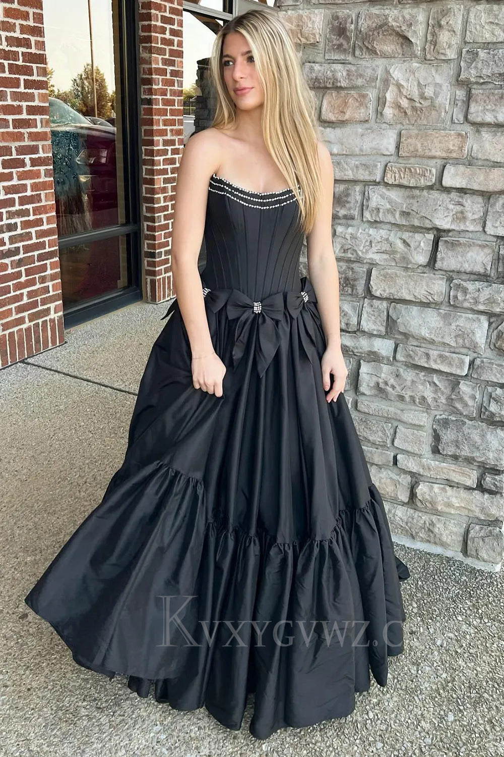 Sparkly A Line Pink Strapless Corset Long Pleated Prom Dress with Bow LF264